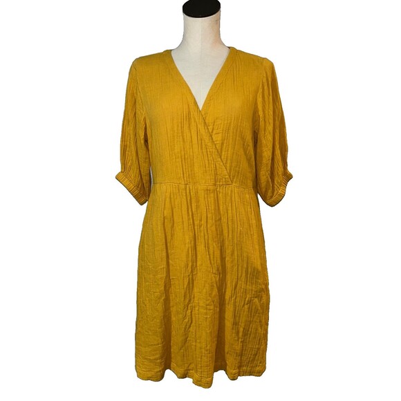 PACT Women’s Mustard Yellow Seersucker Dress size M Faux Wrap Fall Festive Boho - Picture 1 of 11